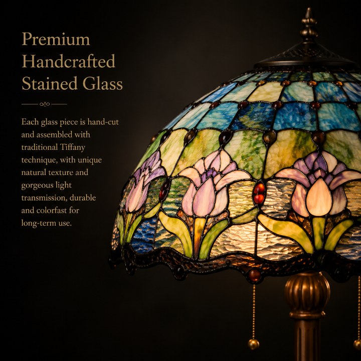 Handmade blue tulip stained glass lamp shade featuring floral patterns and traditional Tiffany glass craftsmanship