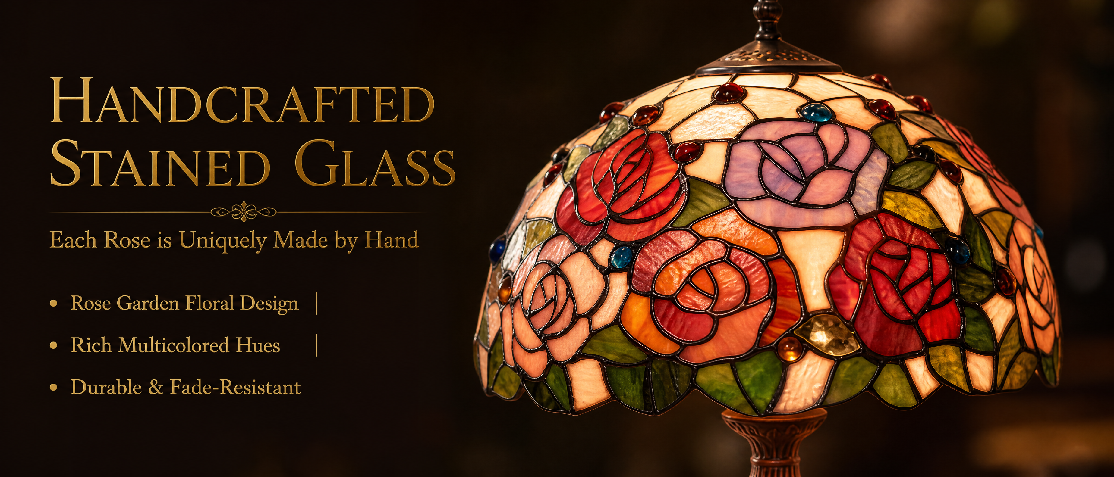 Handmade floral glass lampshade featuring detailed rose patterns, colorful glass pieces, and artisan craftsmanship