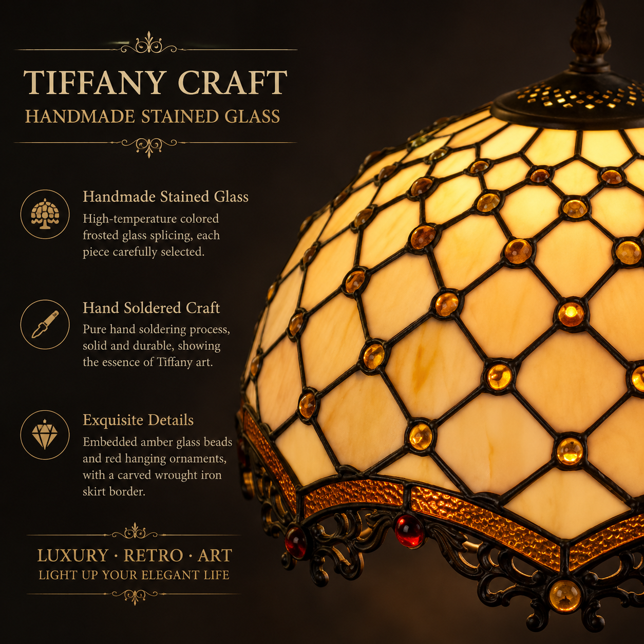 Close up detail of handmade stained glass Tiffany lamp shade featuring amber glass panels and vintage decorative craftsmanship