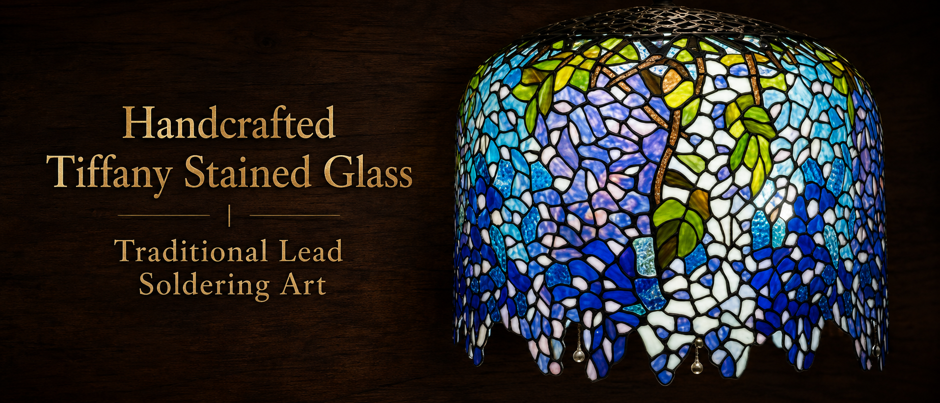 Handmade Tiffany stained glass shade featuring floral mosaic patterns and traditional lead soldering craftsmanship