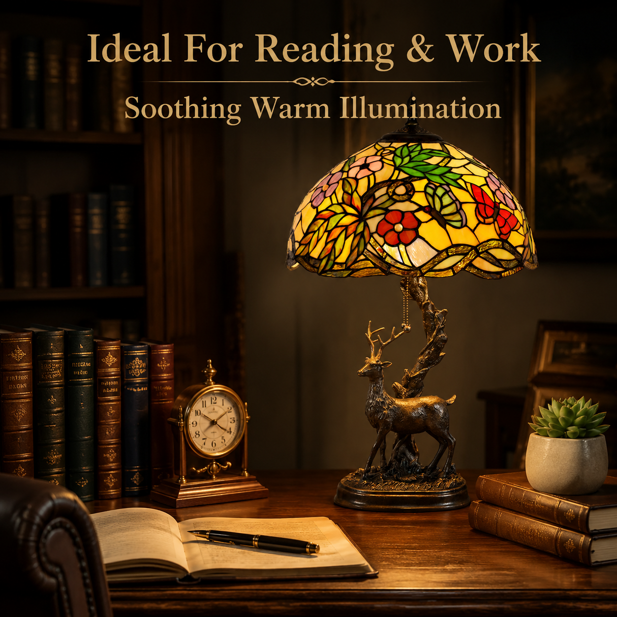 Handmade Tiffany style stained glass table lamp featuring butterfly floral design and antique brass craftsmanship