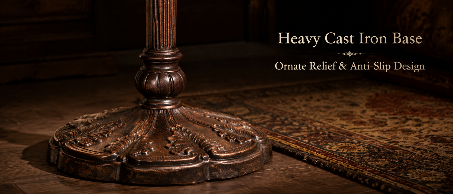 Heavy cast iron floor lamp base with floral relief carving and antique finish for stable vintage Tiffany lighting