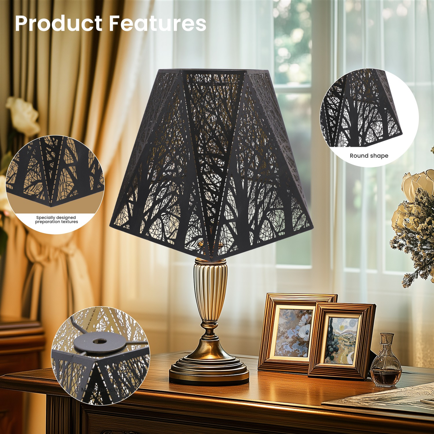 Hexagon vintage lamp shade angled view showing geometric shape with black and gold contrast finish for decorative lighting