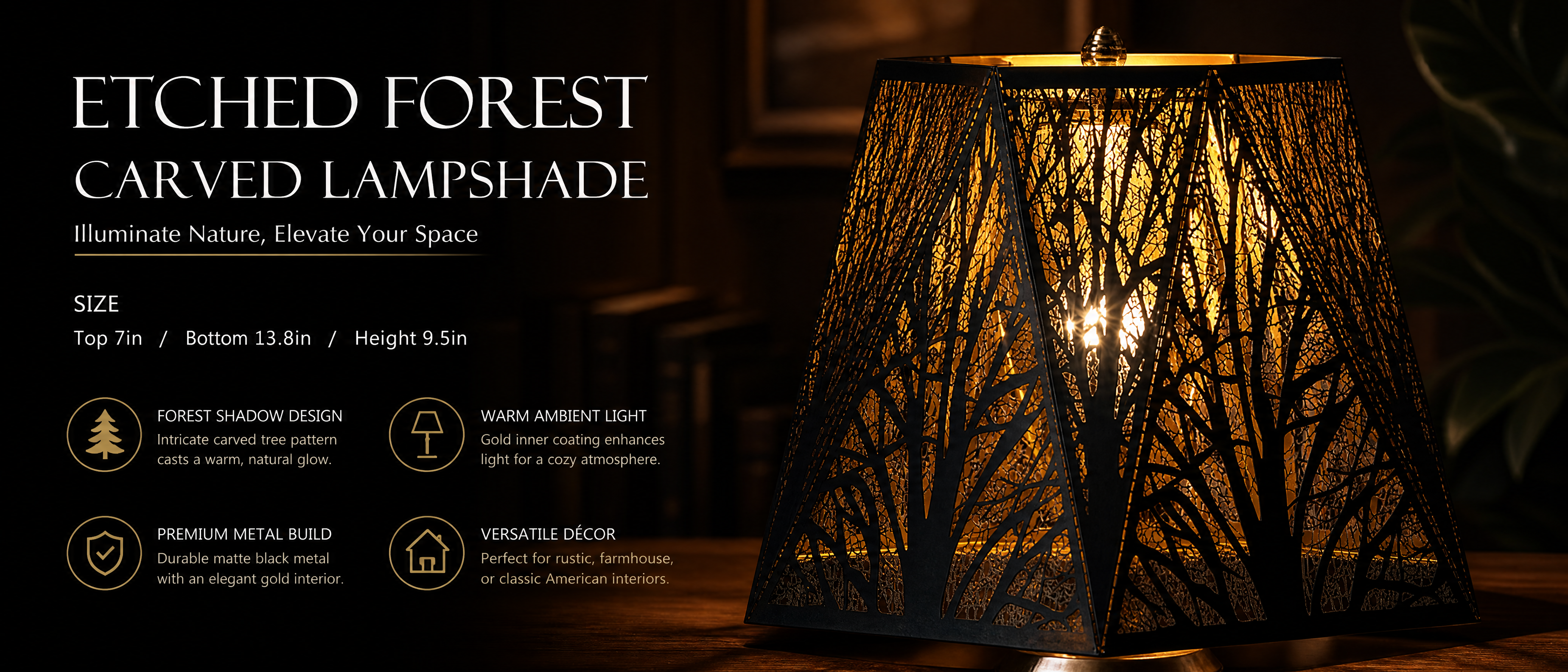 Hexagon Vintage Lamp Shade - Etched Forest Carved Lampshade, Illuminate Nature Elevate Your Space, Size: Top 7in, Bottom 13.8in, Height 9.5in, Forest Shadow Design with Intricate Carved Tree Pattern Casts Warm Natural Glow, Premium Metal Build with Durable Matte Black Metal and Elegant Gold Interior, Gold Inner Lining Coating Enhances Light for Cozy Atmosphere, Versatile Decor Perfect for Rustic Farmhouse or Classic American Interiors, Black Exterior Gold Interior, Spider Fitter, Replacement Lamp Shade for 