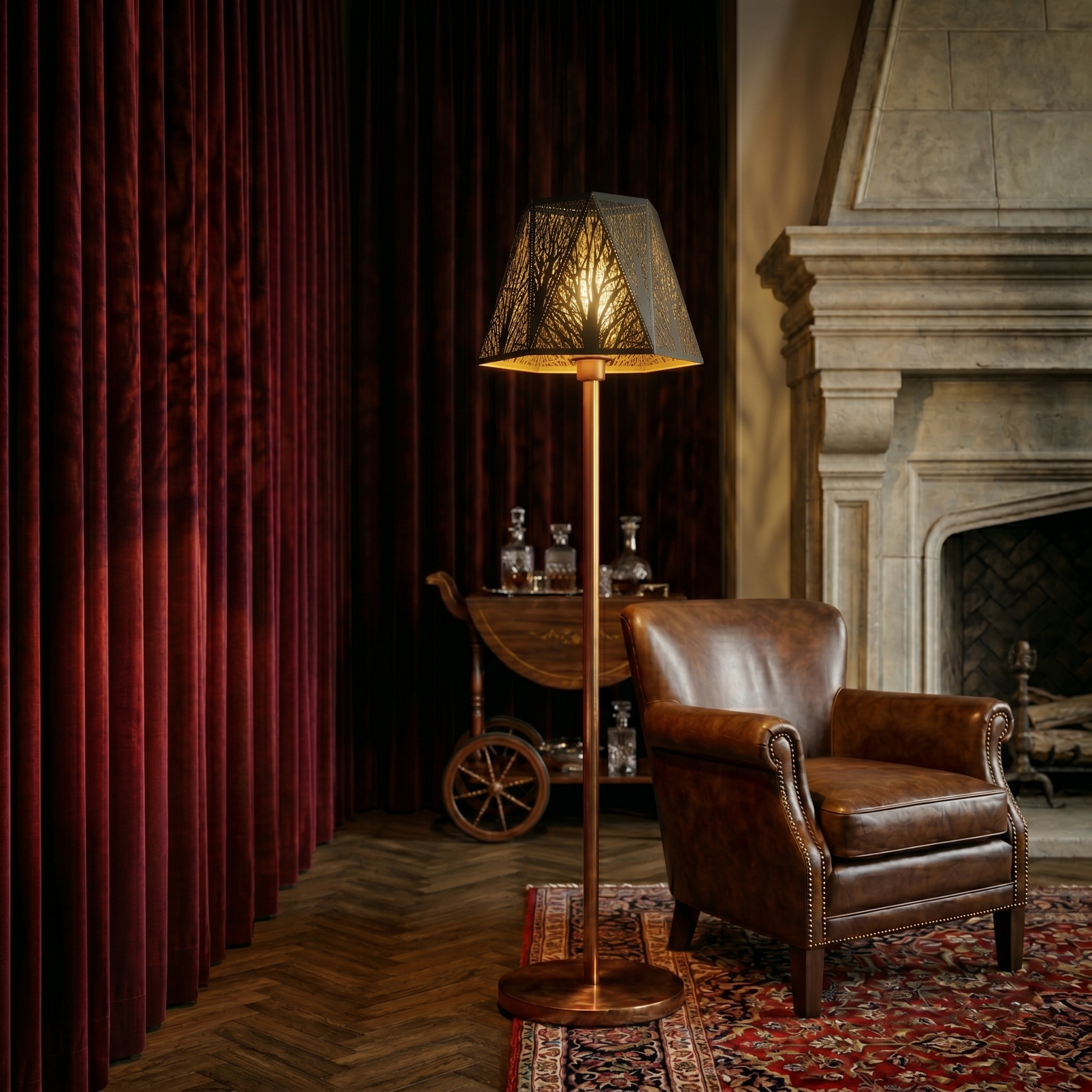 Hexagon Vintage Lamp Shade - Floor Lamp in Vintage Living Room with Leather Chair Red Velvet Curtains and Stone Fireplace, Black Exterior Gold Interior Tree Forest Etched Pattern, Creates Warm Tree Shadow Projection Ambient Glow, 7x13.8x9.5 inches, Spider Fitter Luxury Metal Replacement Floor Lamp Shade for Vintage Light Luxury Living Room Decor