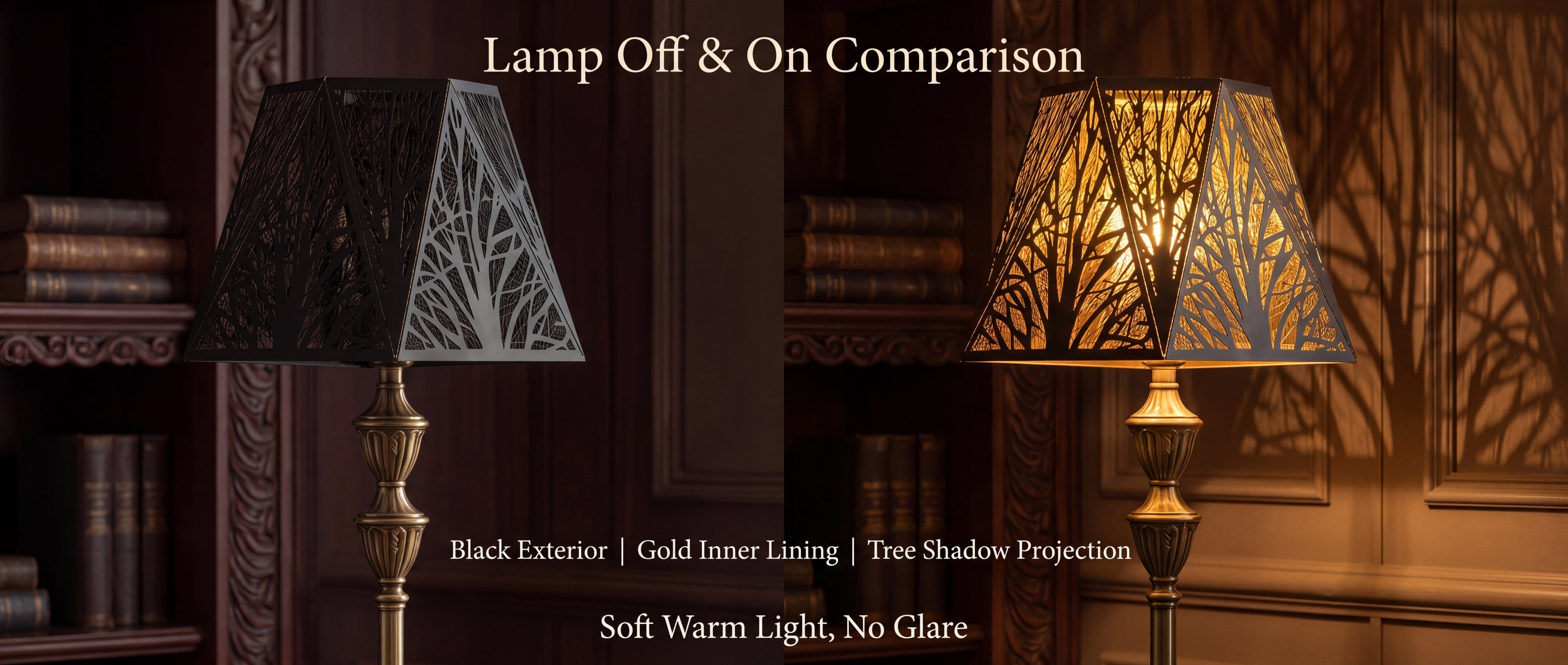 Hexagon Vintage Lamp Shade - Lamp Off and On Comparison, Black Exterior and Gold Inner Lining, Tree Shadow Projection Creates Beautiful Decorative Shadows on Walls, Soft Warm Light No Glare for Cozy Reading and Relaxing Atmosphere, Hexagonal Metal Lamp Shade with Etched Forest Tree Pattern, Spider Fitter, 7x13.8x9.5 inches, Perfect Replacement Lamp Shade for Table Lamps Floor Lamps and Vintage Lighting Fixtures, Ideal for Rustic Farmhouse and Classic American Interior Decor