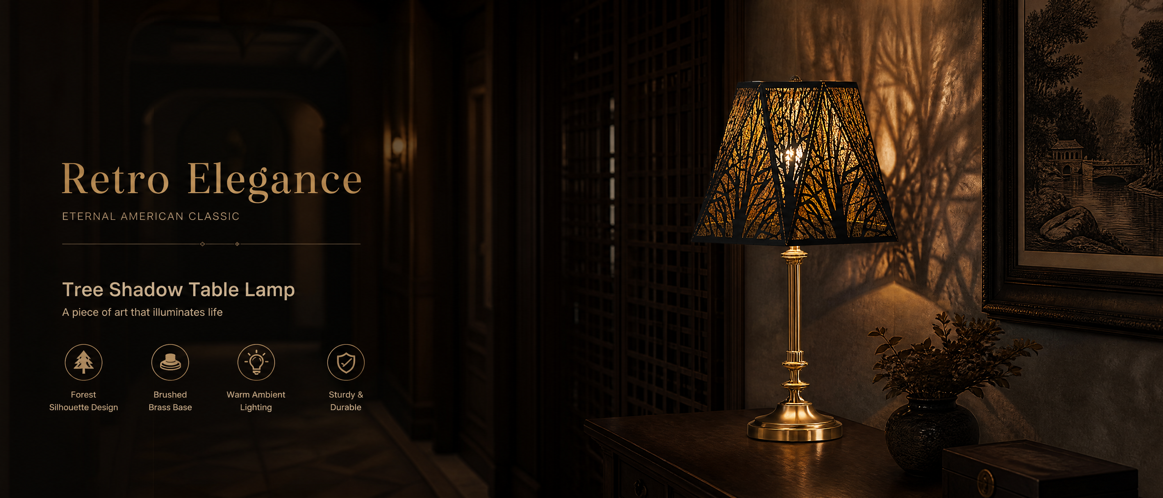 Hexagon Vintage Lamp Shade - Retro Elegance, Eternal American Classic, Tree Shadow Table Lamp A Piece of Art that Illuminates Life, Forest Silhouette Design with Intricate Tree Shadow Pattern, Brushed Brass Base for Timeless Elegant Look, Warm Ambient Lighting Creates Cozy Inviting Atmosphere, Sturdy and Durable Premium Metal Construction, Black Exterior Gold Interior Hexagonal Metal Lamp Shade, Spider Fitter, 7x13.8x9.5 inches, Perfect Replacement Lamp Shade for Table Lamps Floor Lamps and Vintage Lighting