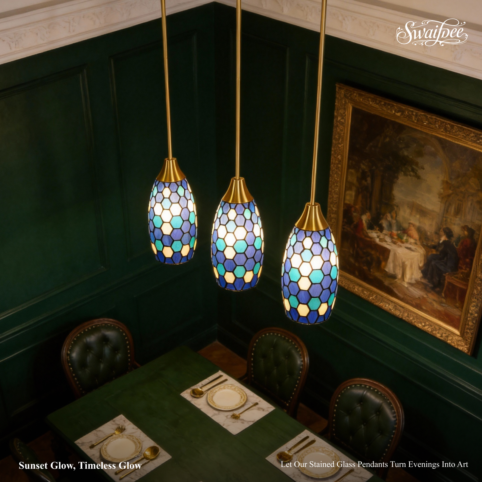 blue green honeycomb mosaic stained glass pendant light close up detail