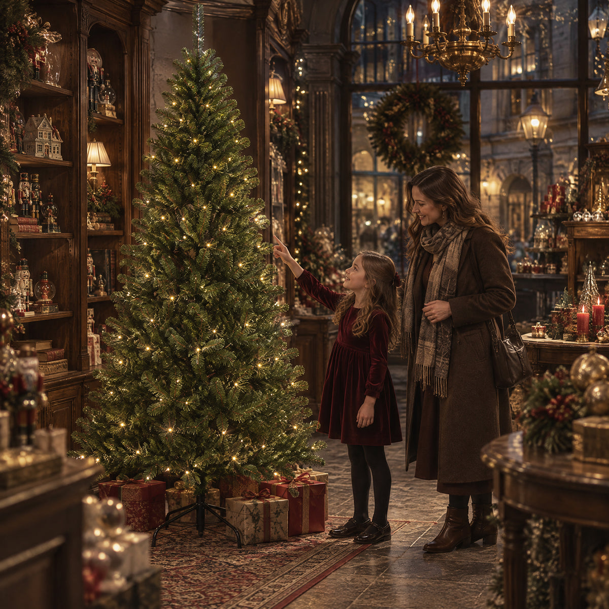 A woman and child admire a green artificial Christmas tree illuminated with warm lights in a festive store filled with seasonal decorations.