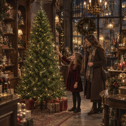 A woman and child admire a green artificial Christmas tree illuminated with warm lights in a festive store filled with seasonal decorations.