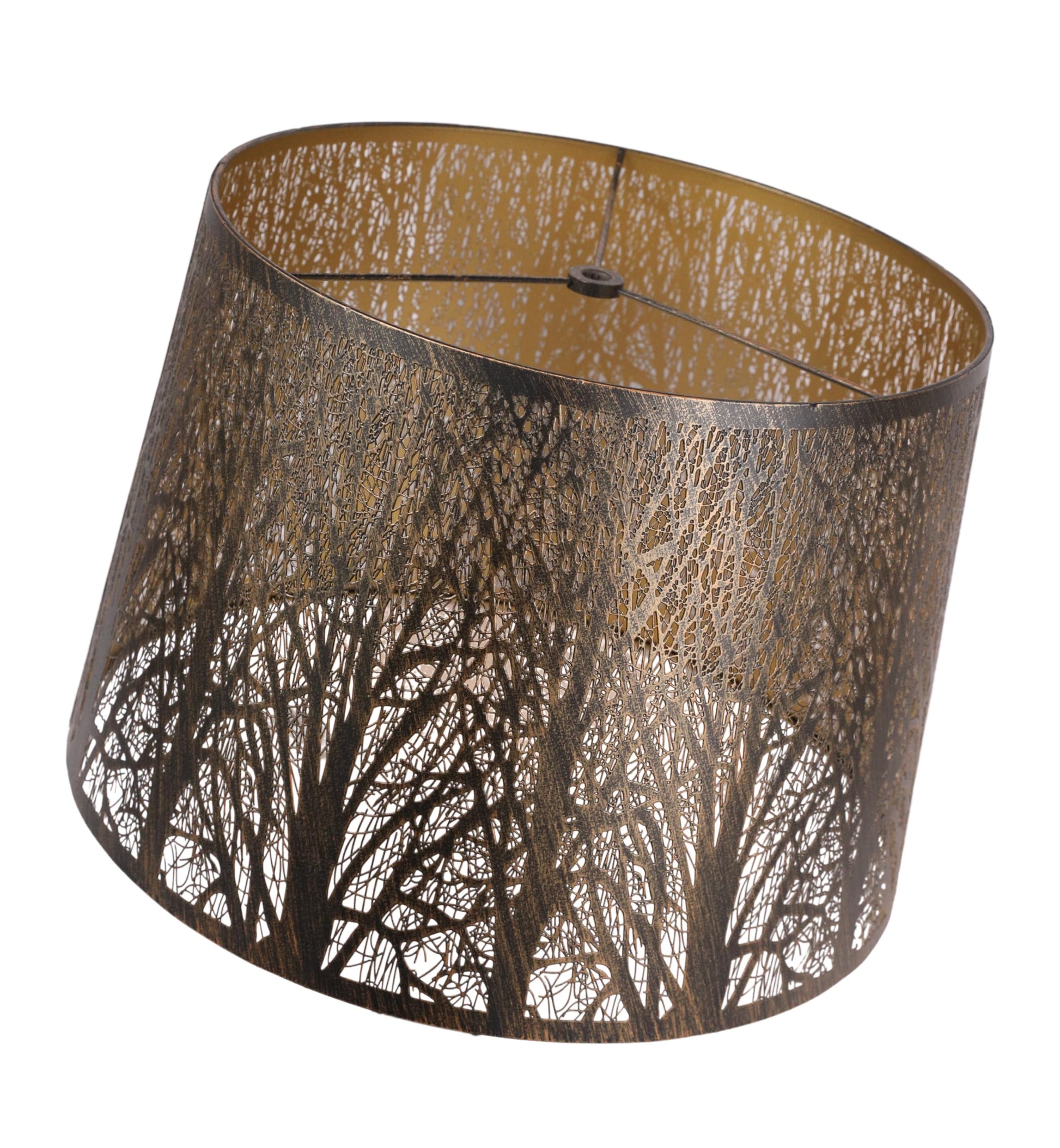 A cylindrical metal lampshade with a forest etched design, predominantly in brown and white tones.