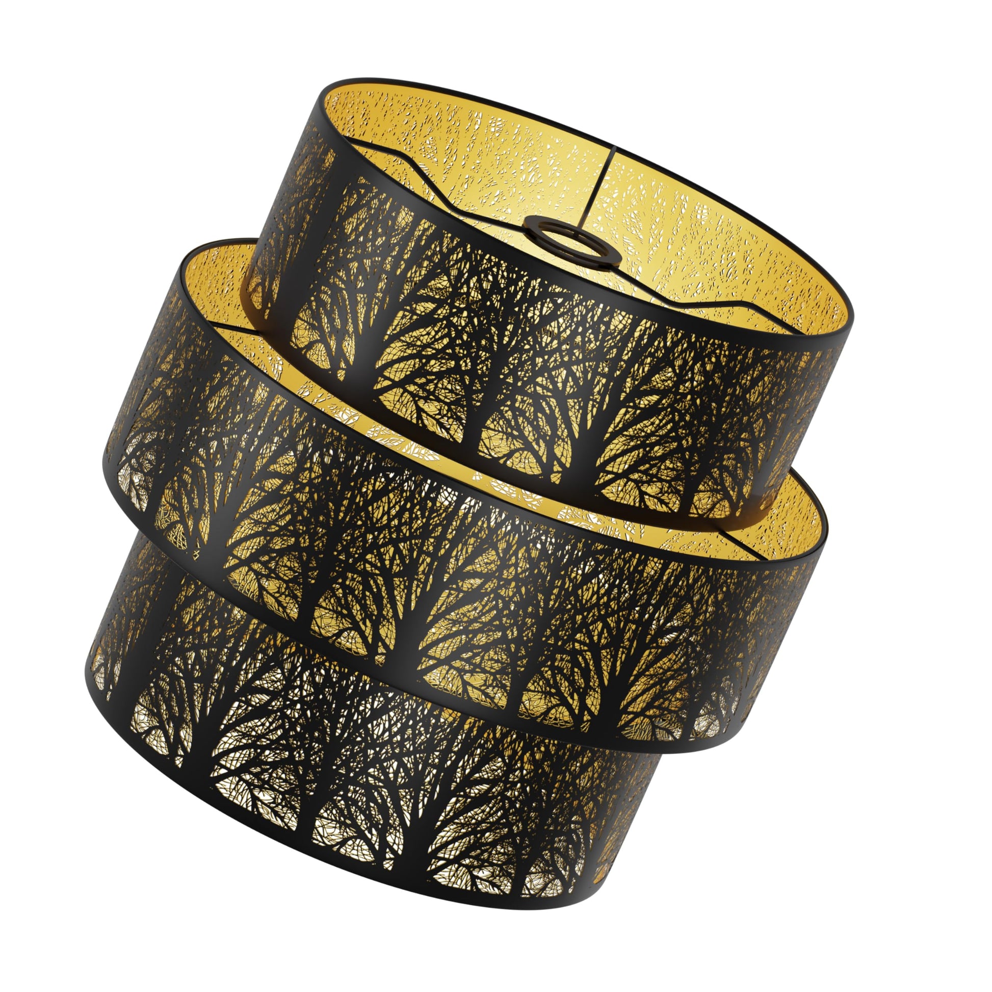 A set of three black metal lampshades with gold interiors, featuring a forest etching.