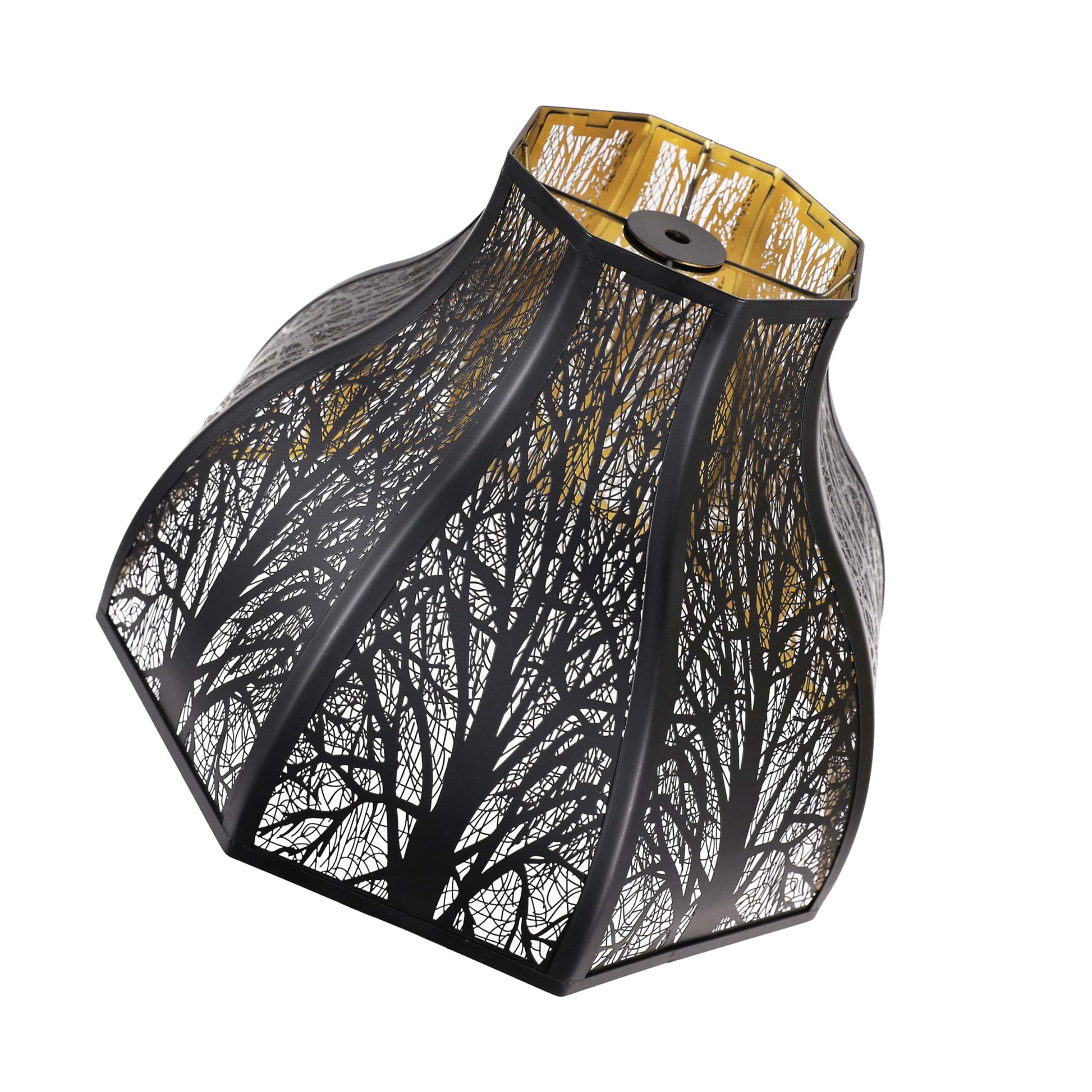 A metal lampshade with an 8-petal lotus shape and a hand-etched forest design, predominantly black with a gold interior.
