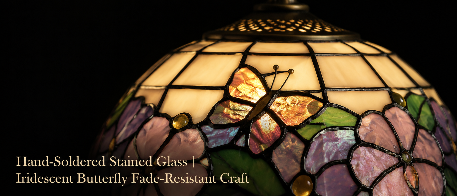 Iridescent butterfly glass shade with handcrafted stained glass pieces and detailed floral artwork