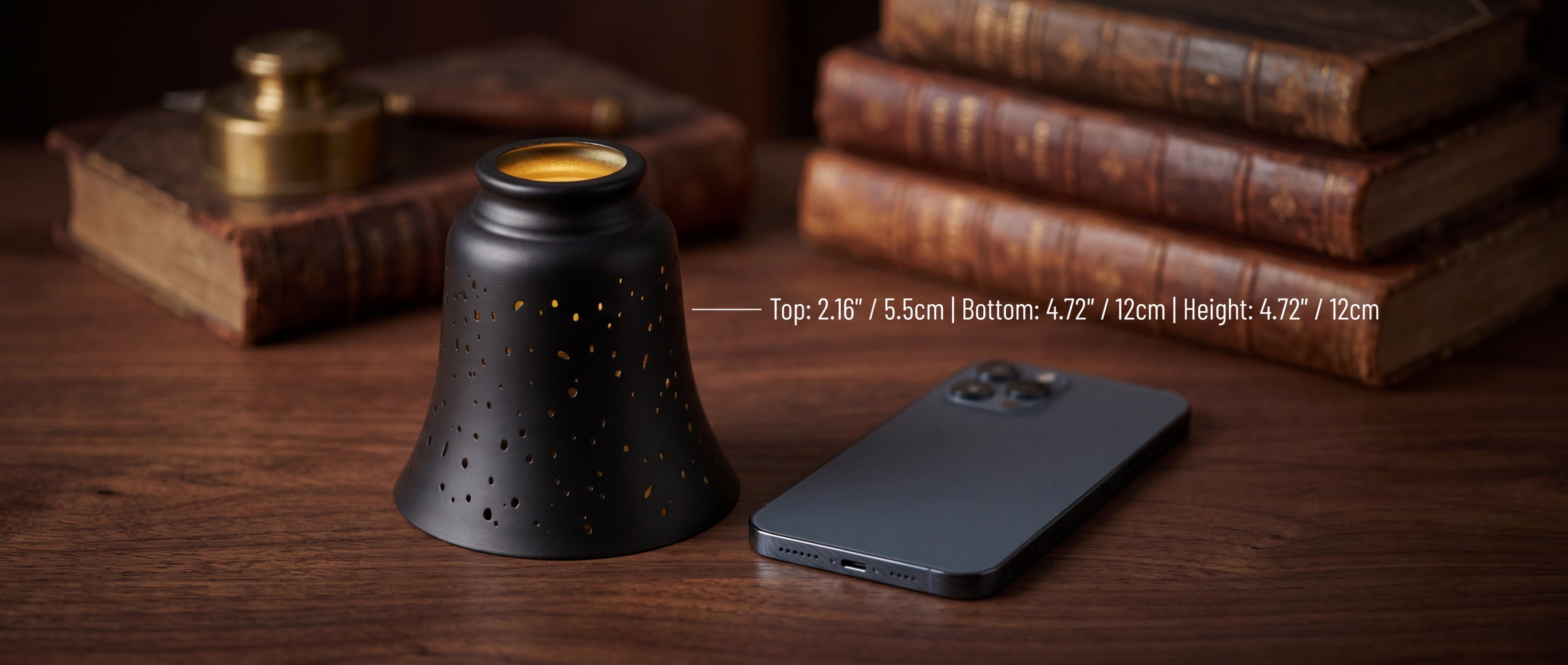 4-Pack Starlight Lamp Shade Size Reference - Top 2.16" (5.5cm), Bottom 4.72" (12cm), Height 4.72" (12cm), Compared to Standard Smartphone, Matte Black Metal Bell Shape with Gold Interior, Replacement for Ceiling Fans, Chandeliers, Wall Sconces, 1-5/8 Inch Fitter