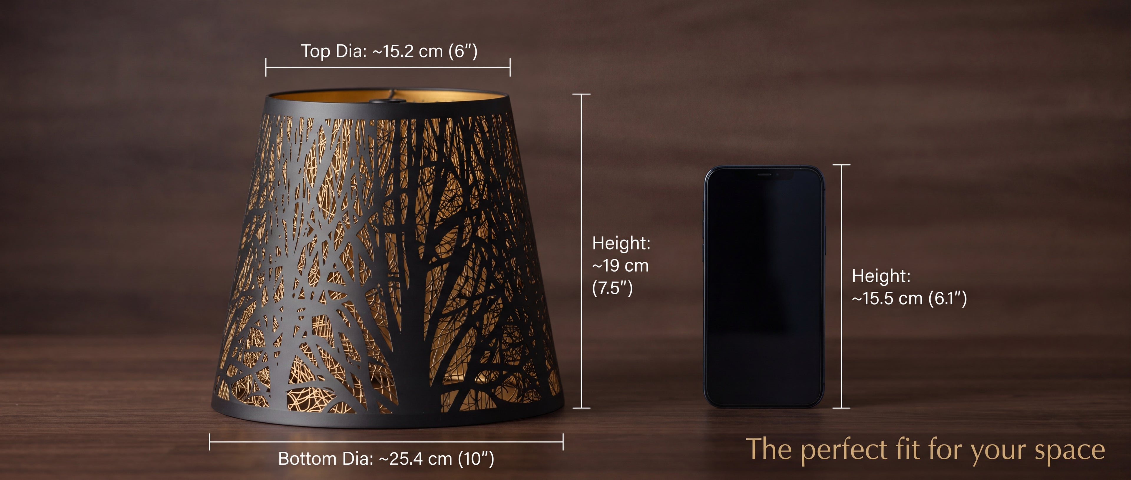Small Metal Lamp Shade Size Reference Chart - The Perfect Fit for Your Space: Top Diameter 6" (15.2cm), Bottom Diameter 10" (25.4cm), Height 7.5" (19cm), Compared to Standard 6.1" Smartphone (15.5cm), Hand-Etched Forest Pattern Black and Gold Shade with Spider Fitter for Table Lamps