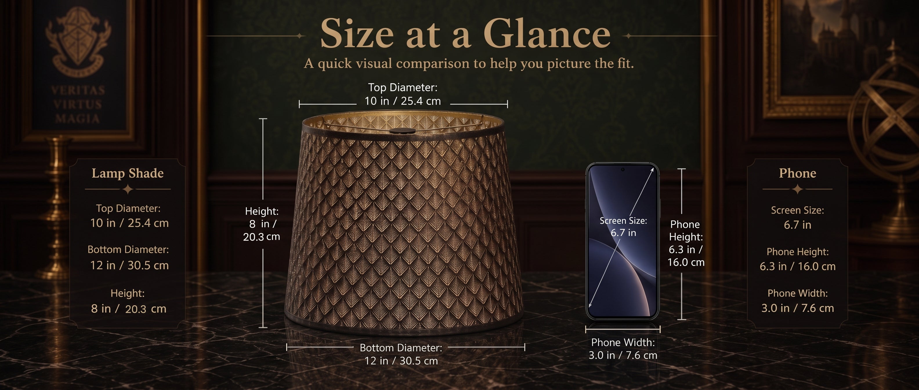 Lamp shades at home size guide showing a 10 inch top diameter, 12 inch bottom diameter, and 8 inch height beside a smartphone for scale.