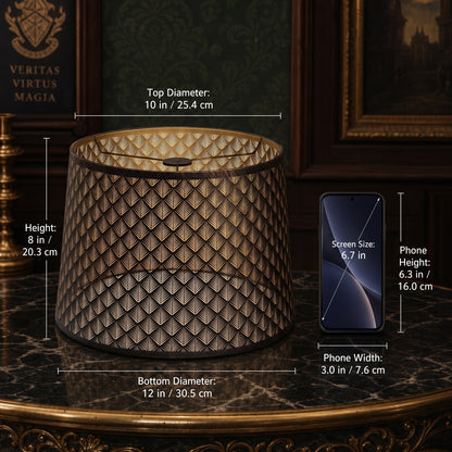 Lamp shades at home size guide showing a 10 inch top diameter, 12 inch bottom diameter, and 8 inch height beside a smartphone.