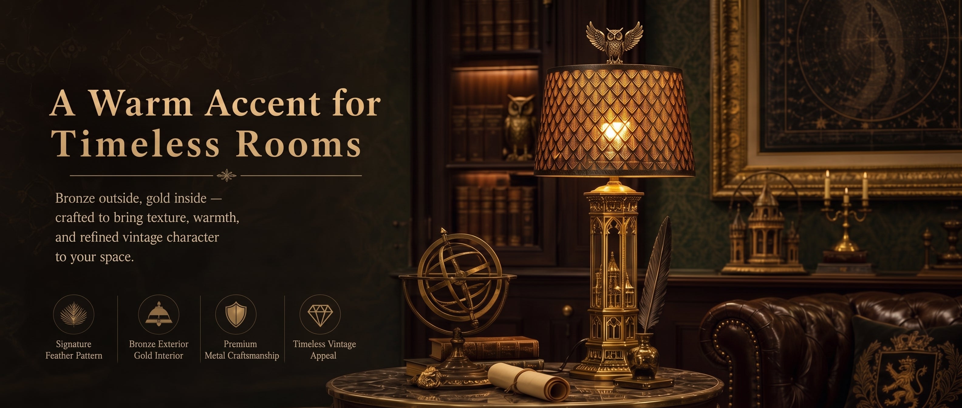 Lamp shades at home featuring a bronze exterior, warm gold interior, decorative feather pattern, and elegant vintage glow on a classic table lamp