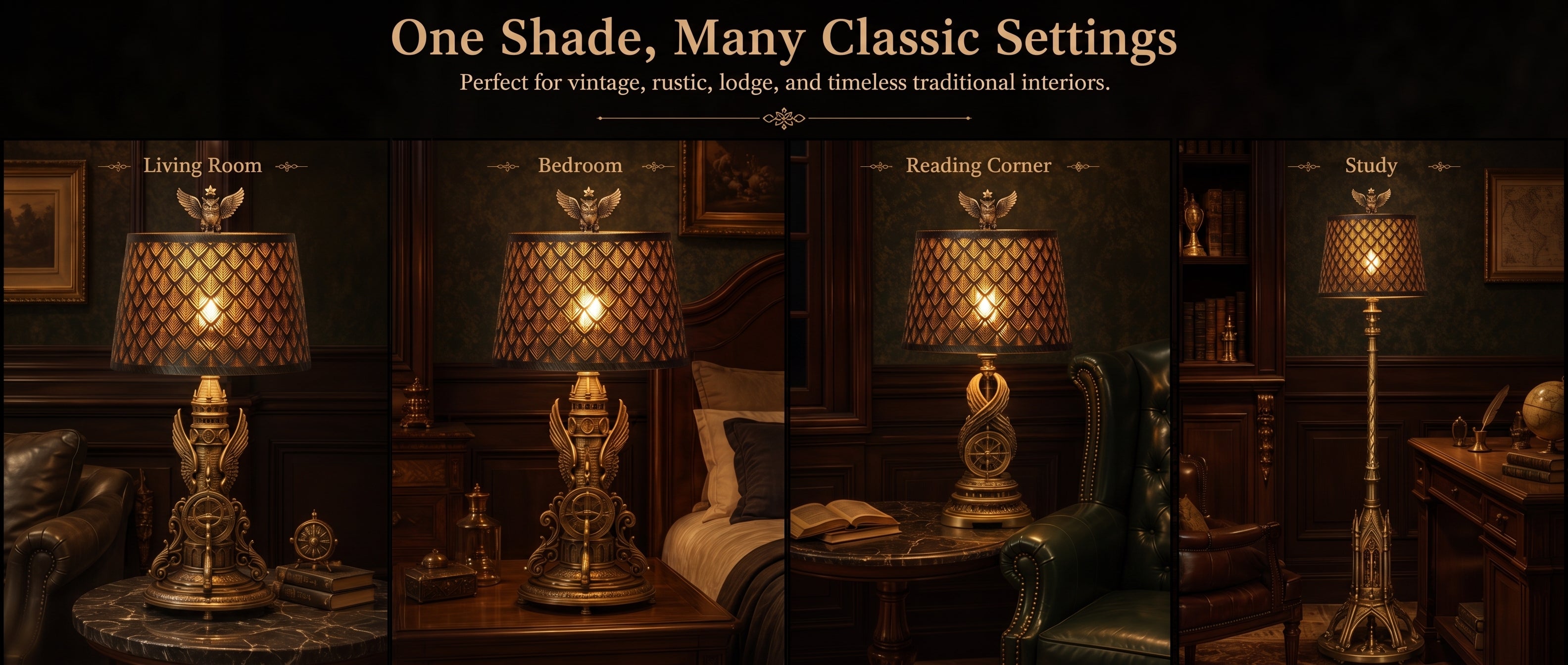 Lamp shades at home displayed in living rooms, bedrooms, reading corners, and studies on classic table and floor lamps.