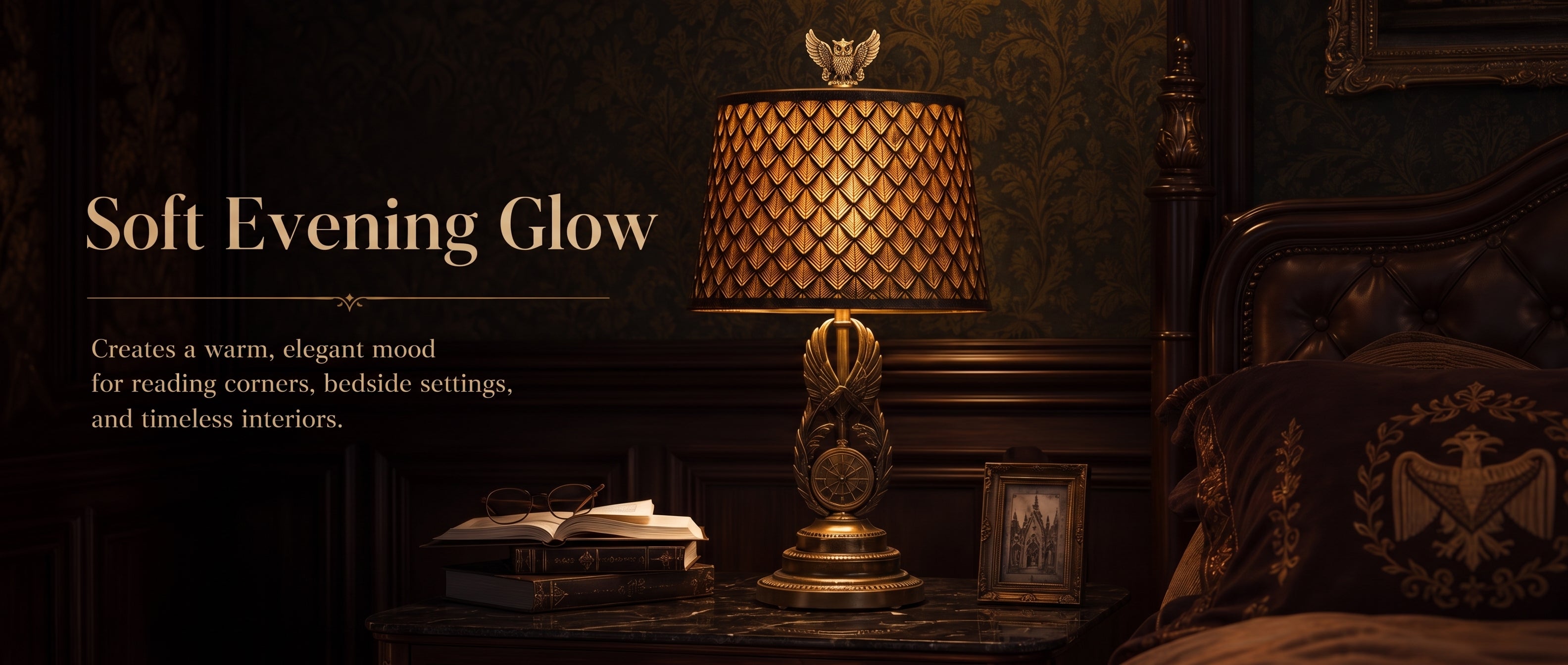Lamp shades at home creating a soft evening glow beside a bed, adding warmth and refined atmosphere to bedrooms and reading spaces