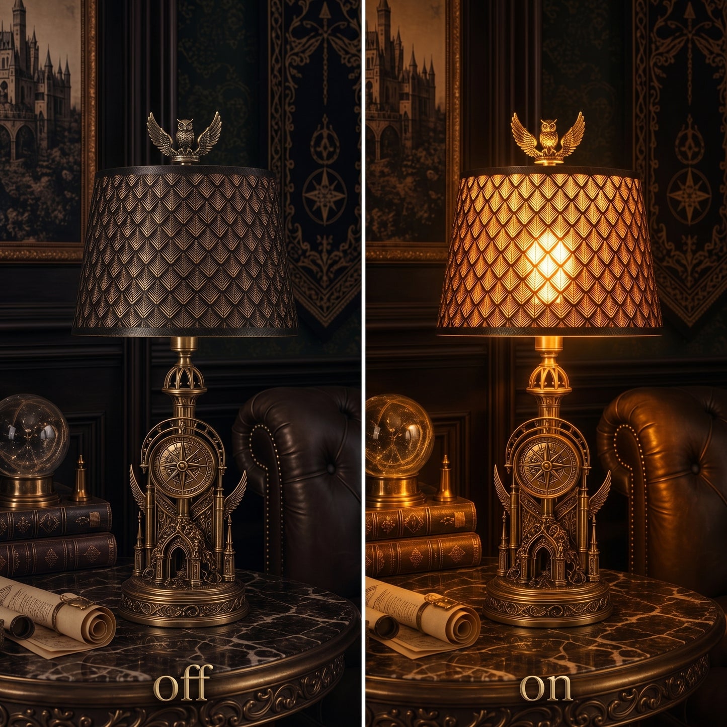 Lamp shades at home shown with the light off and on, highlighting the warm glow created by the geometric metal pattern.