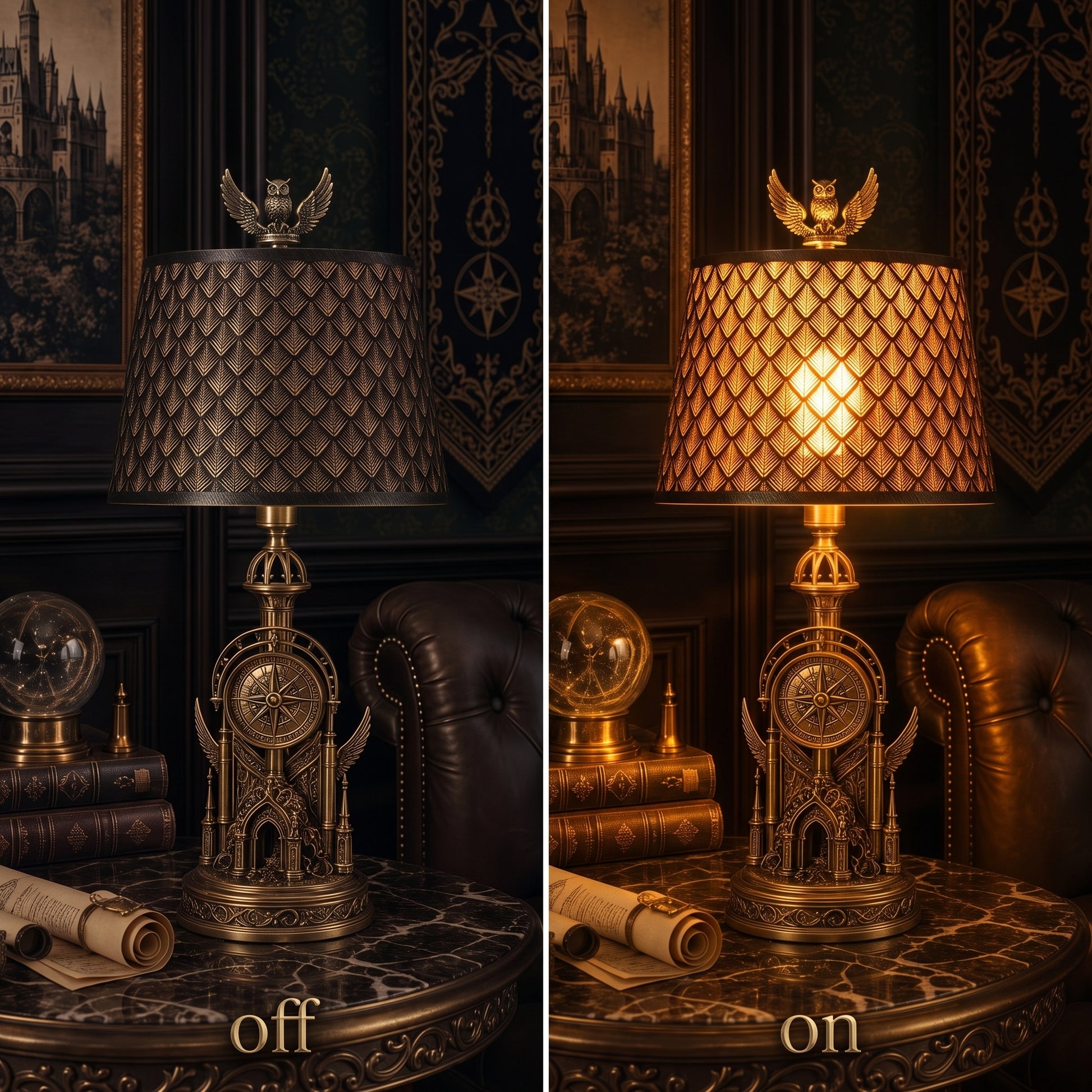 Lamp shades at home shown with the light off and on, highlighting the warm glow created by the geometric metal pattern.
