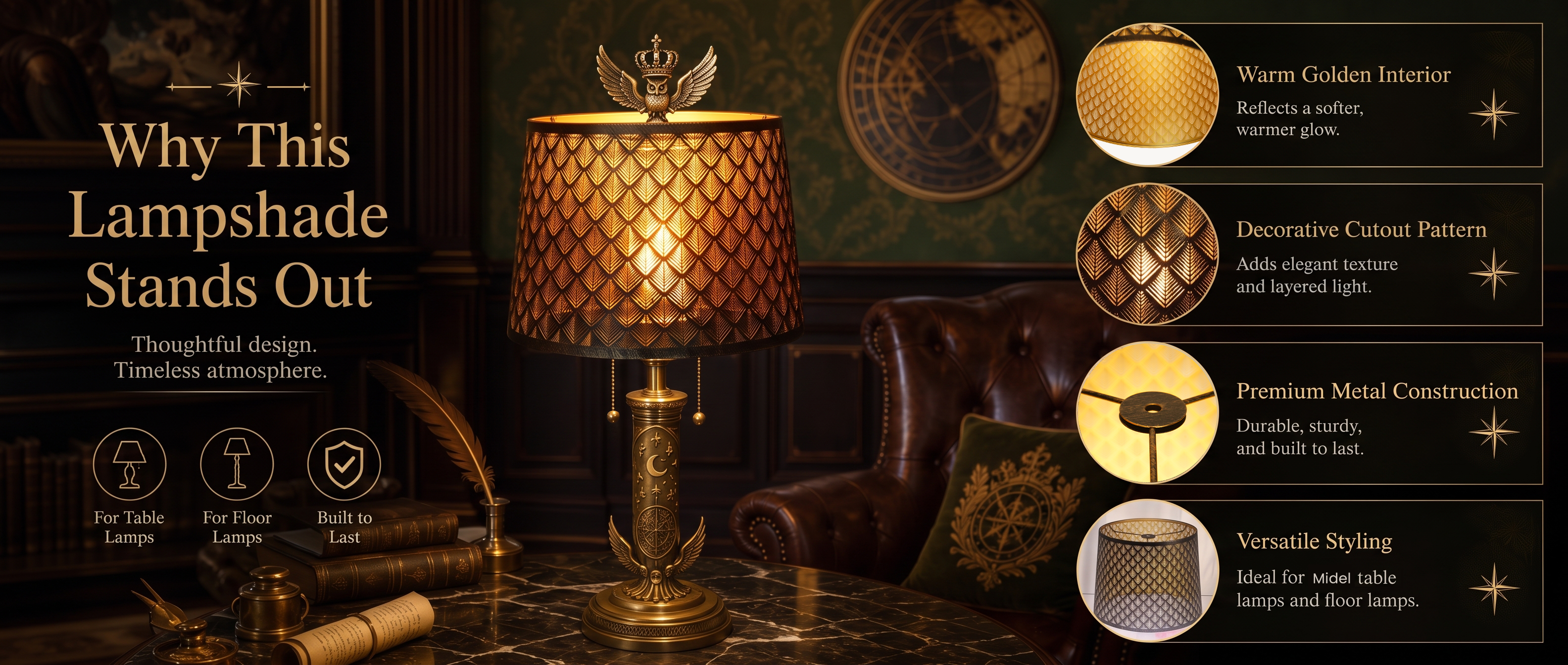 Lamp shades at home with a warm golden interior, detailed geometric cutout pattern, durable metal construction, and versatile styling for table and floor lamps