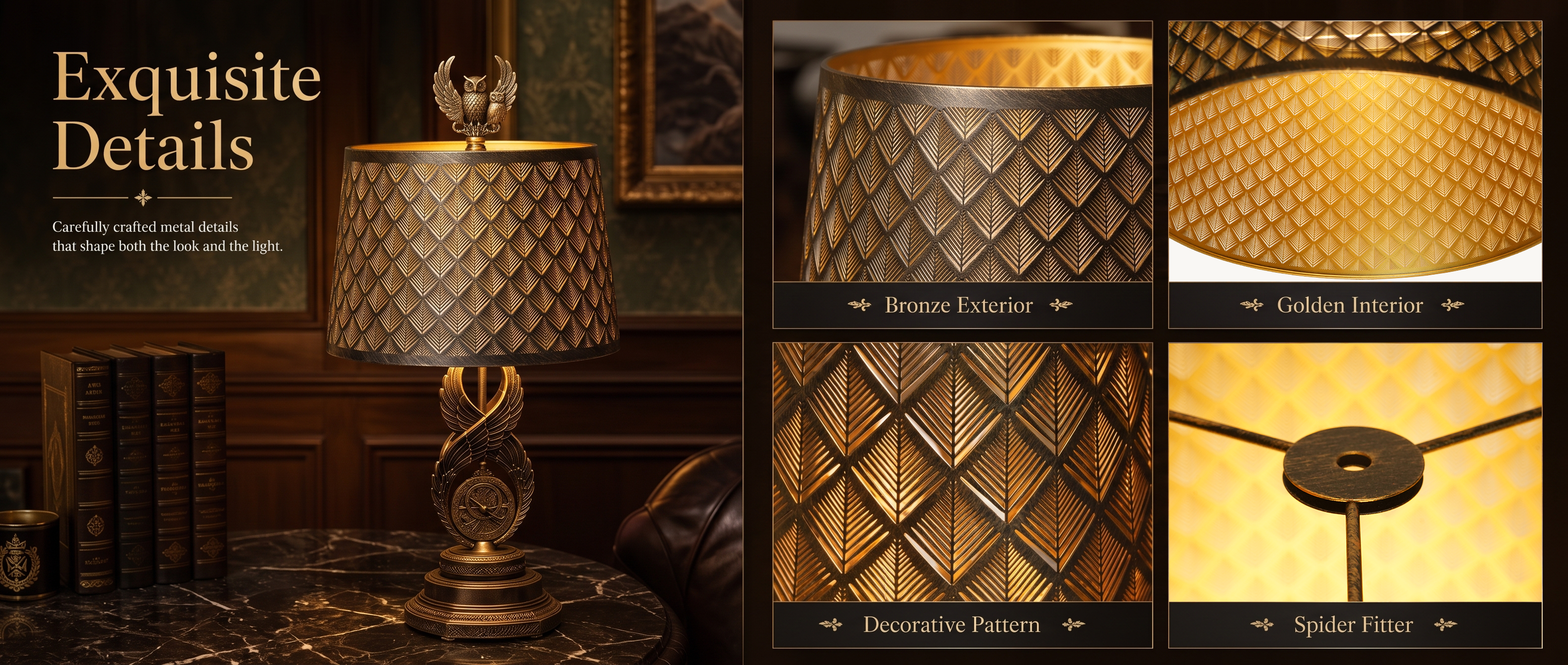 Lamp shades at home showing a bronze exterior, golden interior, precision-cut geometric pattern, and secure spider fitter construction.