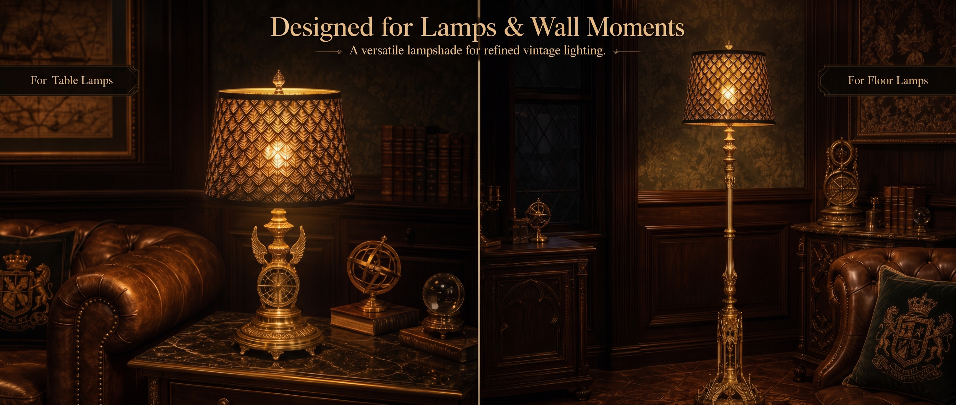 Lamp shades at home displayed on a table lamp and floor lamp, creating warm ambient lighting in a refined vintage interior