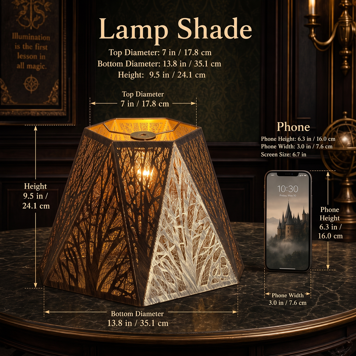 Lamp shades for antique lamps size guide showing a 7-inch top, 13.8-inch bottom and 9.5-inch height beside a smartphone