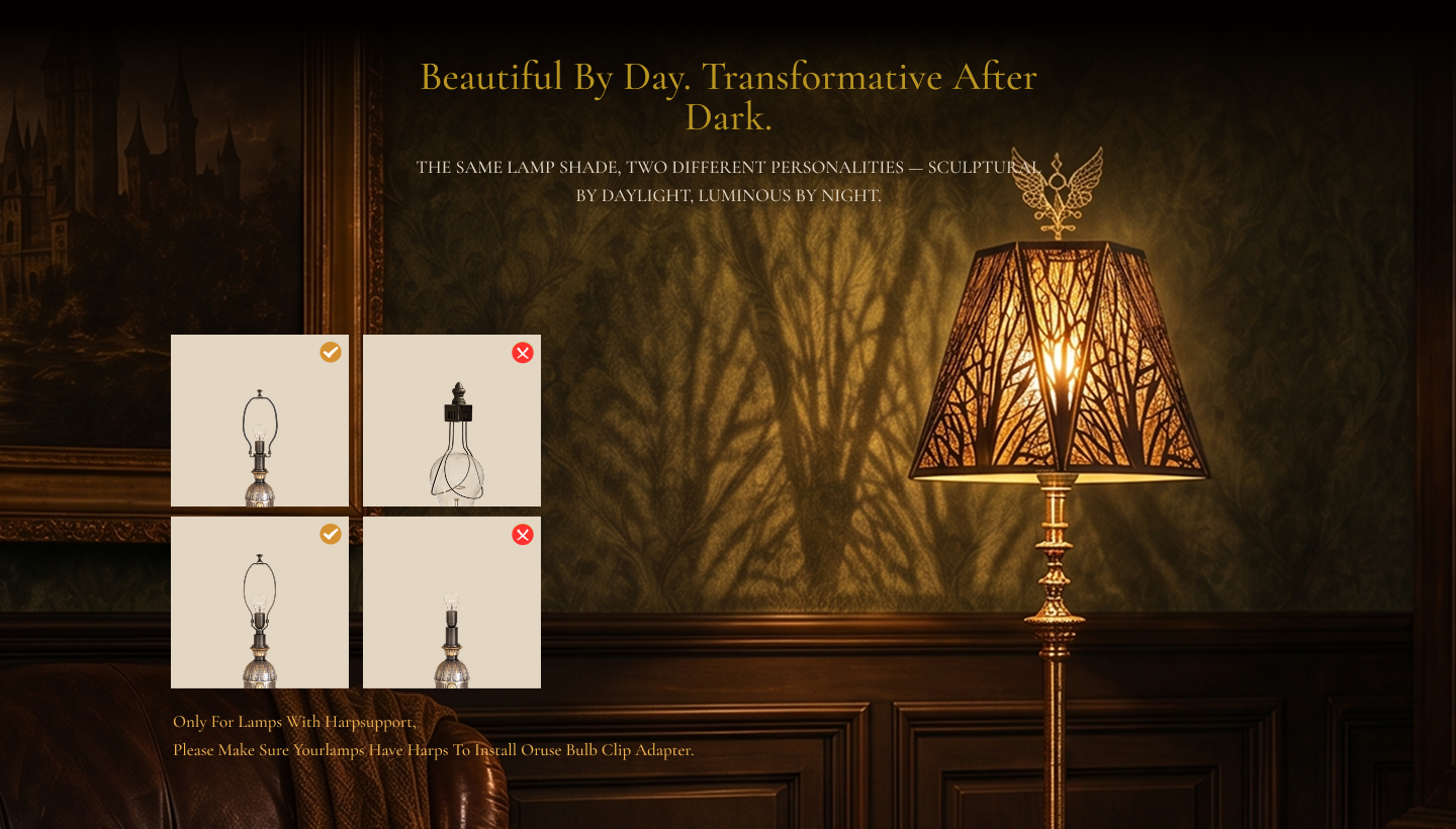 Lamp shades for antique lamps shown glowing at night with decorative shadows, alongside compatibility guidance for harp-supported lamp