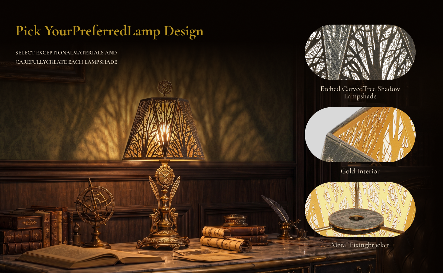 Detailed view of lamp shades for antique lamps showing the etched tree shadow pattern, reflective gold interior, and metal fixing bracket.