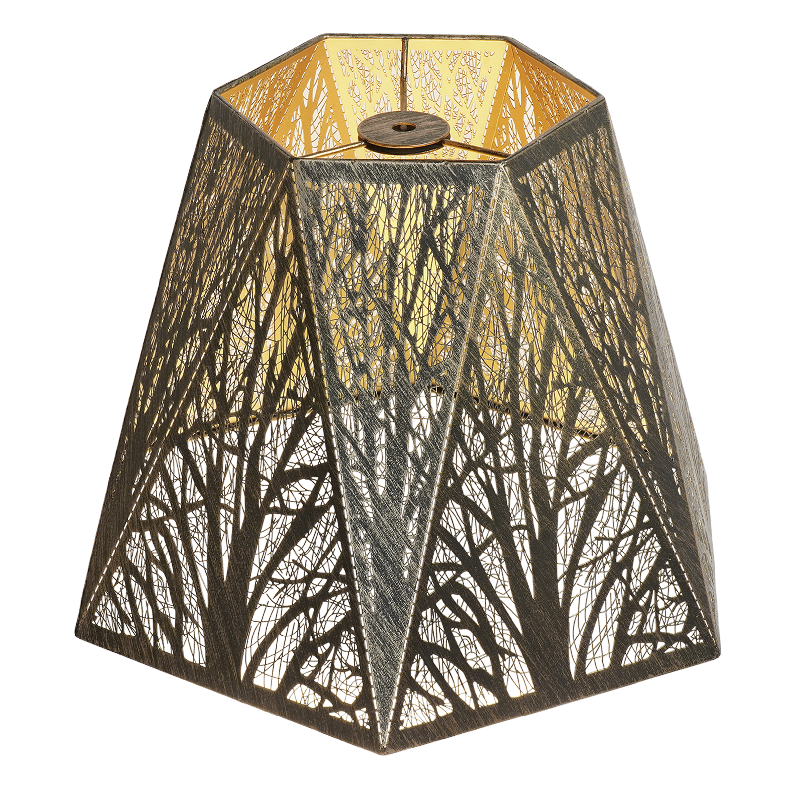 Lamp shades for antique lamps featuring an antique bronze metal frame, gold interior and detailed forest tree cutout pattern.