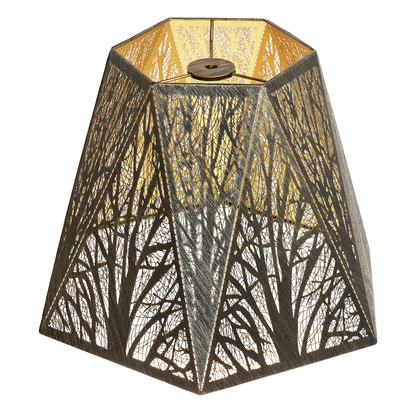 Lamp shades for antique lamps featuring an antique bronze metal frame, gold interior and detailed forest tree cutout pattern.