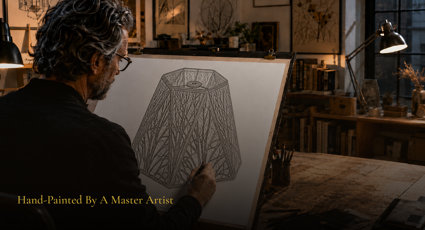 Lamp shades for antique lamps inspired by hand-drawn original artwork, highlighting the artistic design process behind the forest metal shade