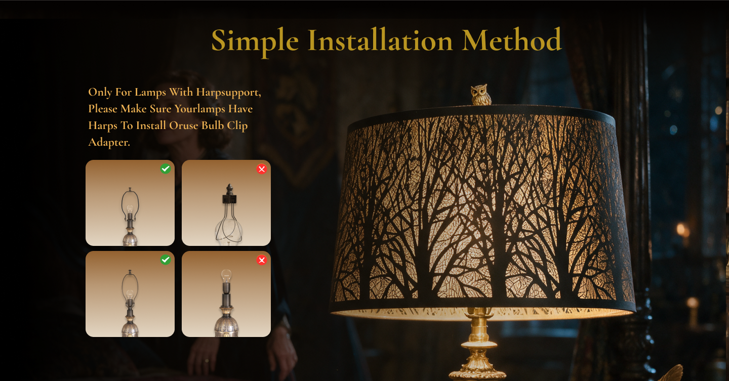 Installation guide for lamp shades for antique lamps using harp support and bulb clip adapter compatibility.