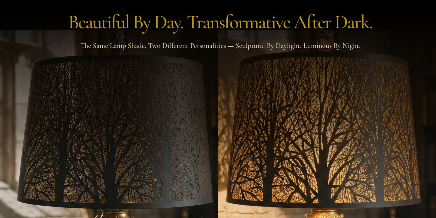 Lamp shades for antique lamps showing the transformation from a decorative metal shade by day to a warm glowing light effect at night.
