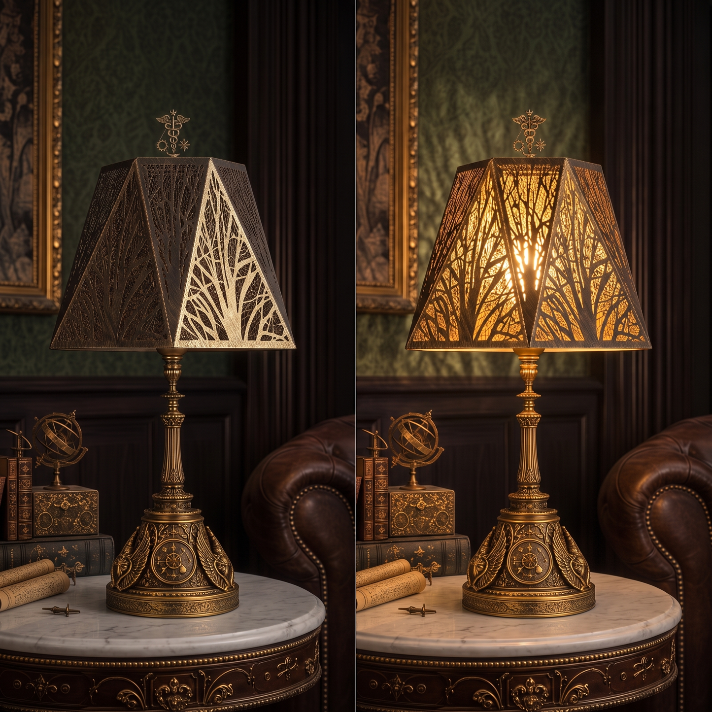 Lamp shades for antique lamps shown with the light off and on, highlighting the warm glow and decorative forest shadow effect