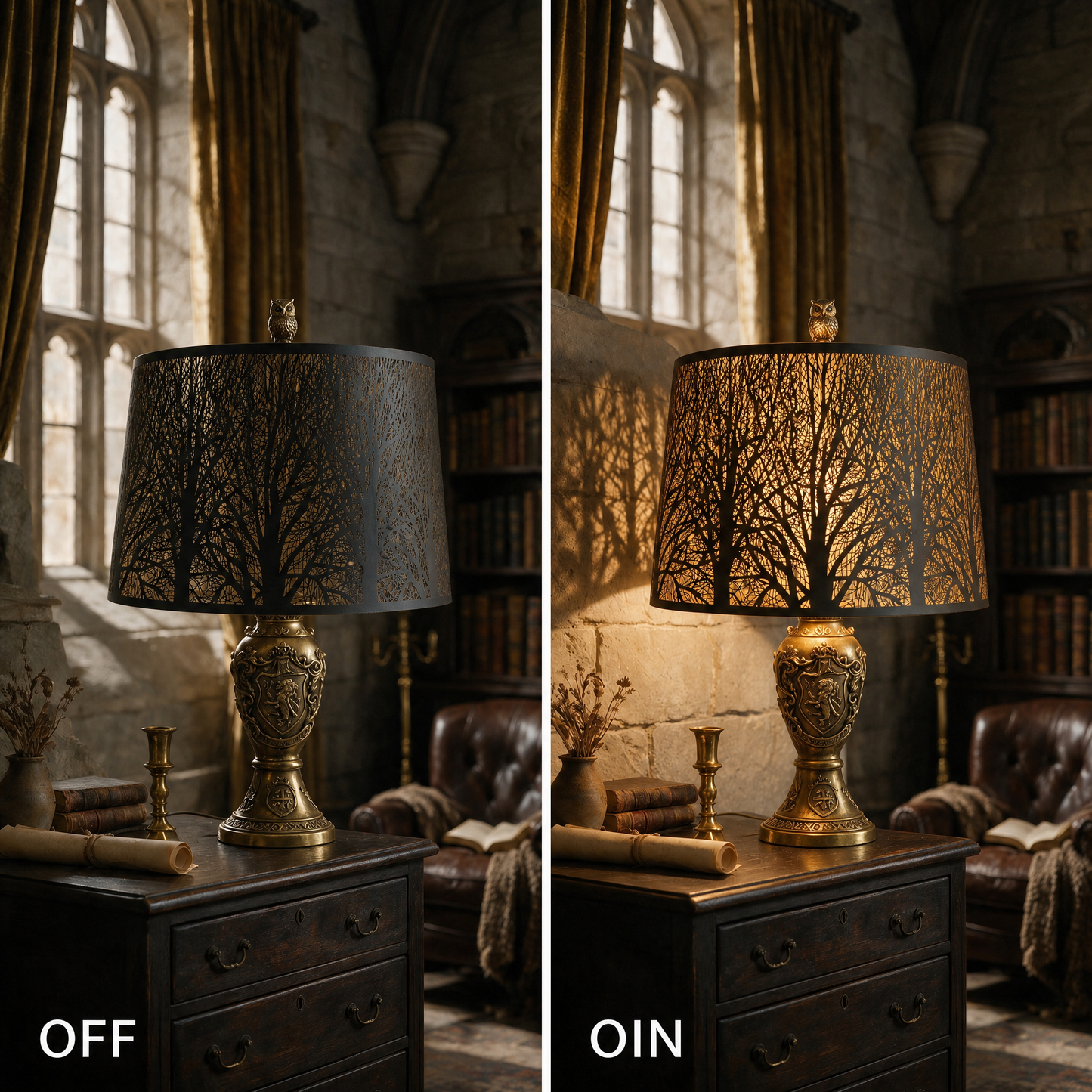 Lamp shades for antique lamps shown with the light on and off, highlighting the black forest cutout design and warm gold interior glow.