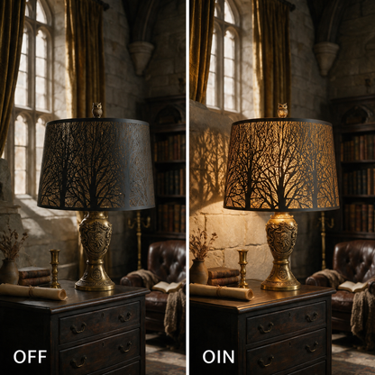 Lamp shades for antique lamps shown with the light on and off, highlighting the black forest cutout design and warm gold interior glow.