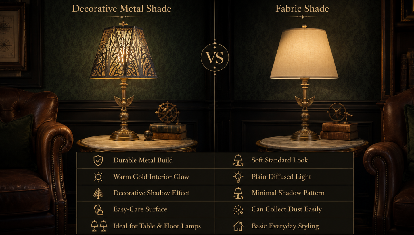 Comparison of lamp shades for antique lamps showing the decorative metal shade versus a fabric shade, highlighting glow, durability, and shadow effect