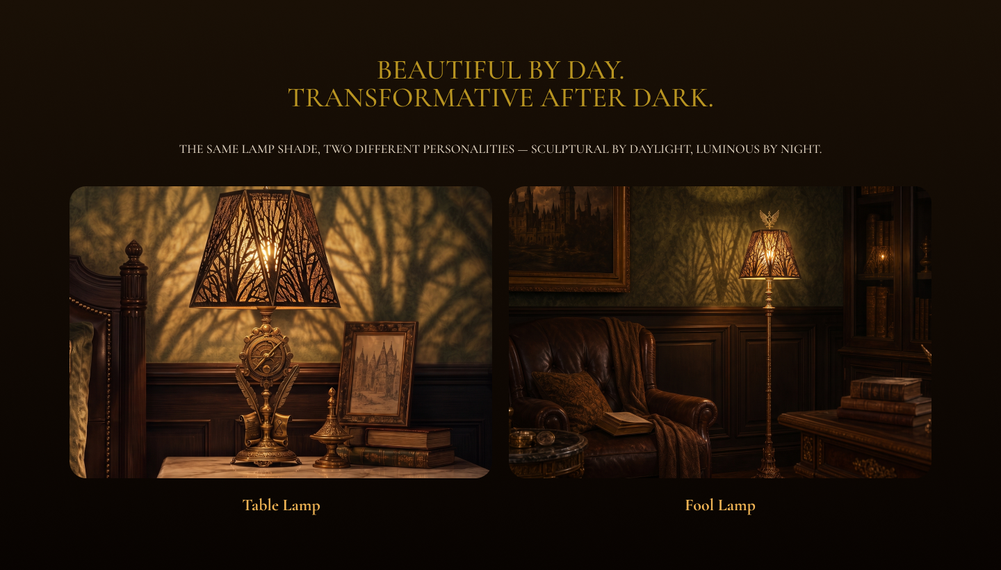 Lamp shades for antique lamps displayed on both an antique table lamp and an antique floor lamp in warm vintage interiors.