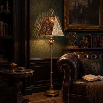 Lamp shades for antique lamps displayed on an ornate floor lamp beside a brown leather chair in a vintage reading room