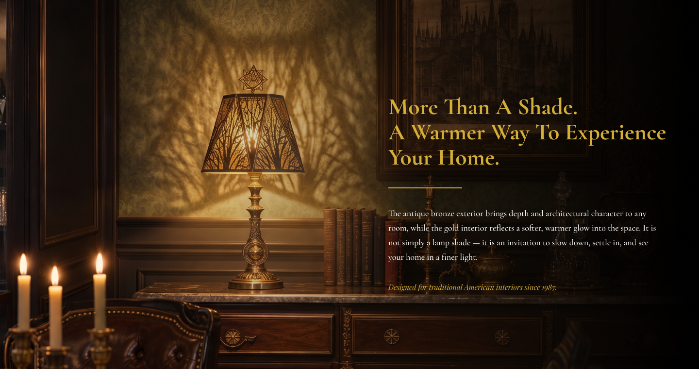 Lamp shades for antique lamps displayed on a vintage table lamp, creating warm forest shadow patterns in a classic interior.