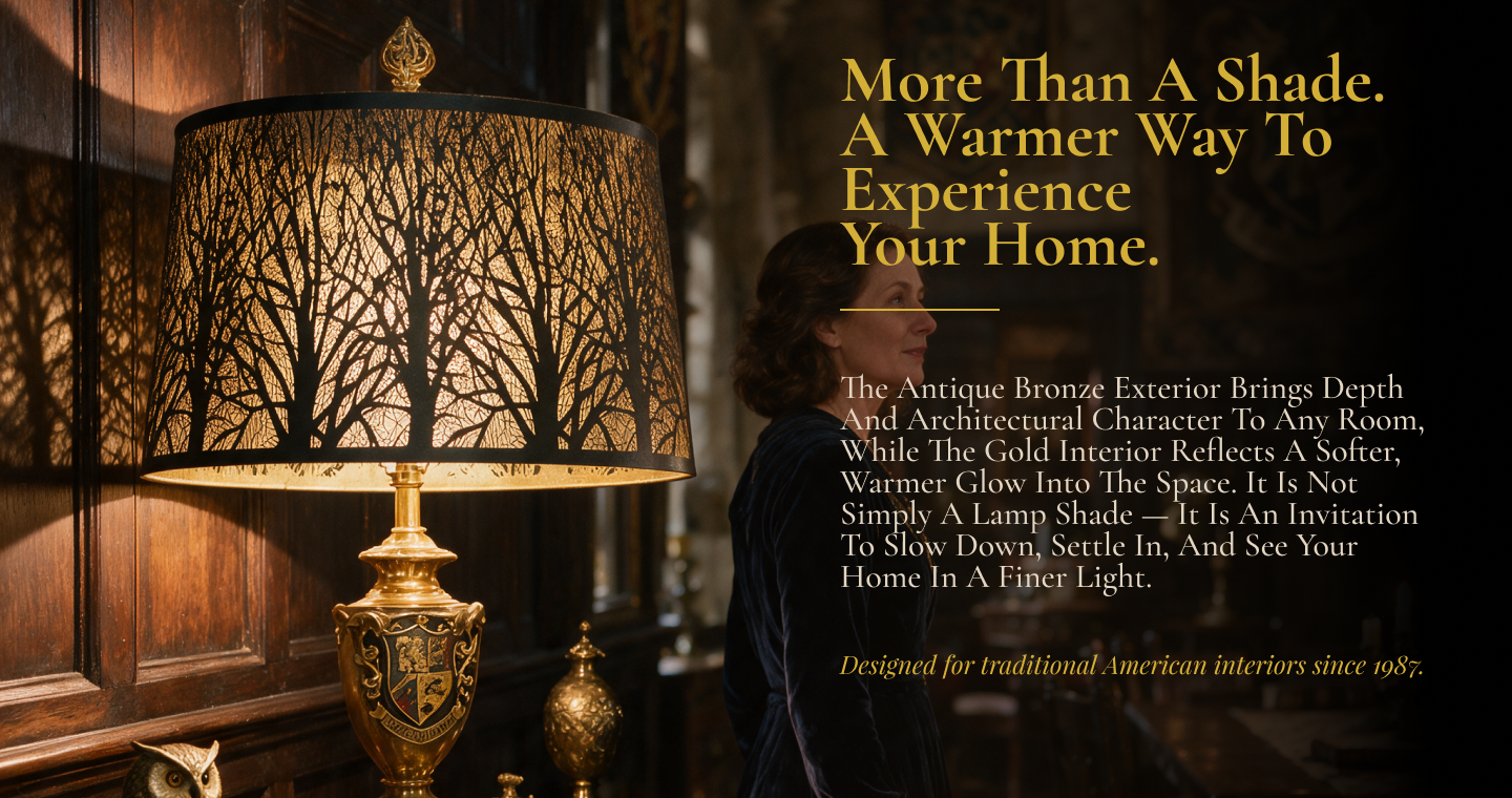 Lamp shades for antique lamps featuring an antique bronze metal design with forest cutout details, creating warm vintage lighting in an elegant interior.