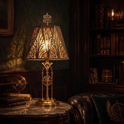 Forest metal lamp shade displayed on an antique brass table lamp in a dark vintage study with warm ambient lighting.