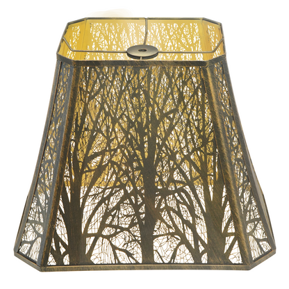 Lamp shades for large lamps in antique bronze metal with a gold interior and intricate forest tree cutout design.
