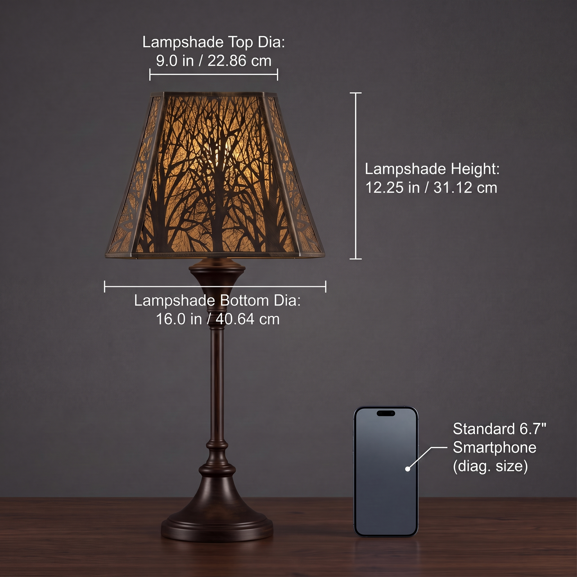 Lamp shades for large lamps size guide showing a 9-inch top, 16-inch bottom and 12.25-inch height with smartphone comparison