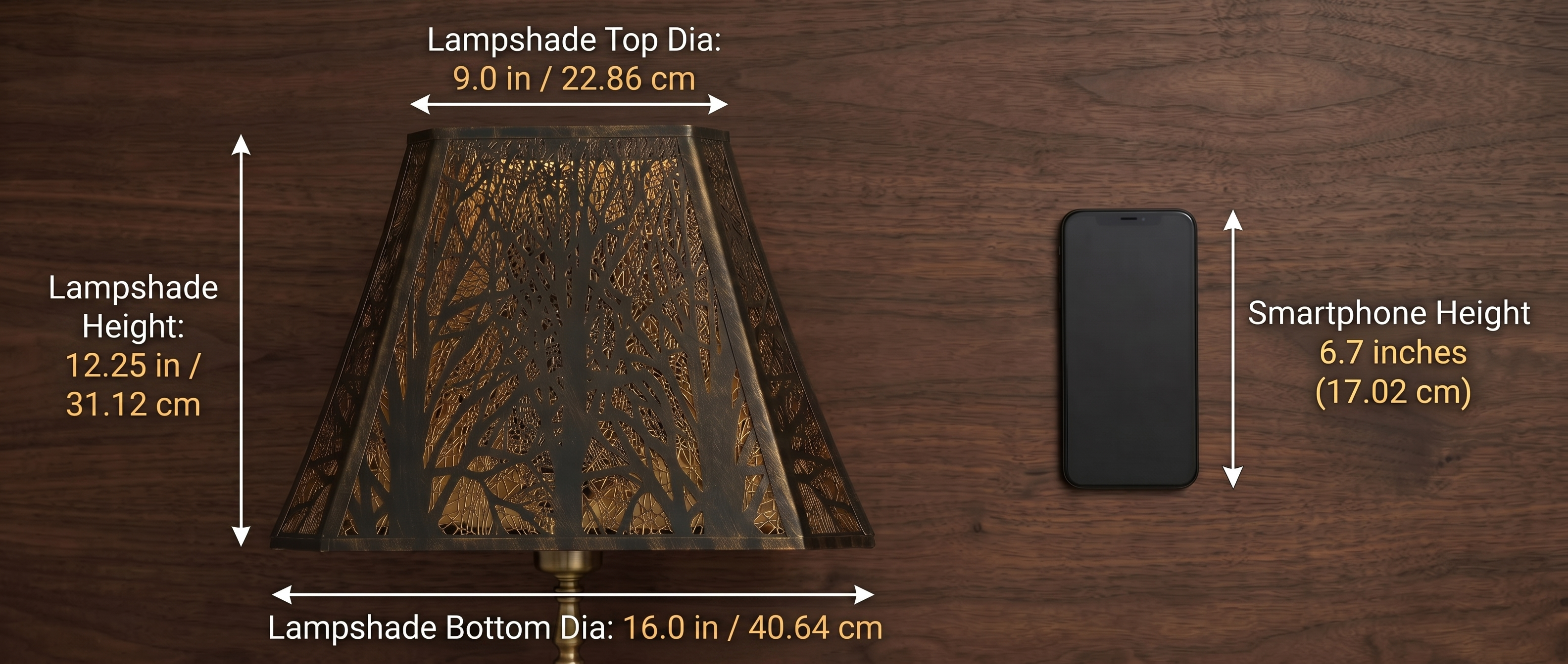Lamp shades for large lamps size guide showing a 9-inch top, 16-inch bottom and 12.25-inch height beside a smartphone